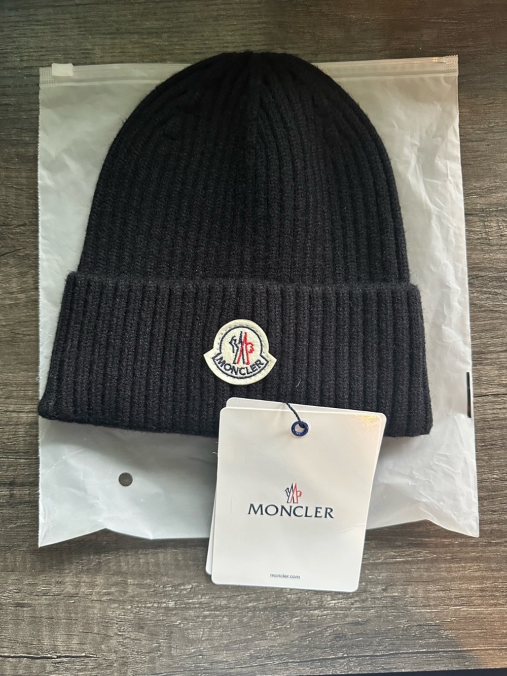 Moncler Black Ribbed Fold-Over Cuff Beanie with Logo Patch